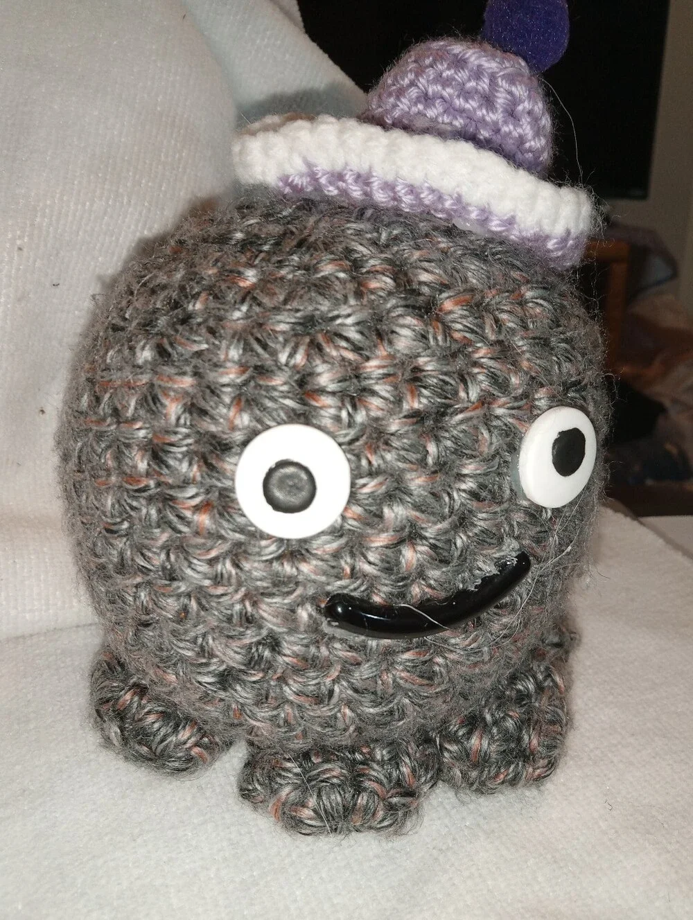 Handcrafted Gray Crochet Octopus Plush with Purple Hat Amigurumi